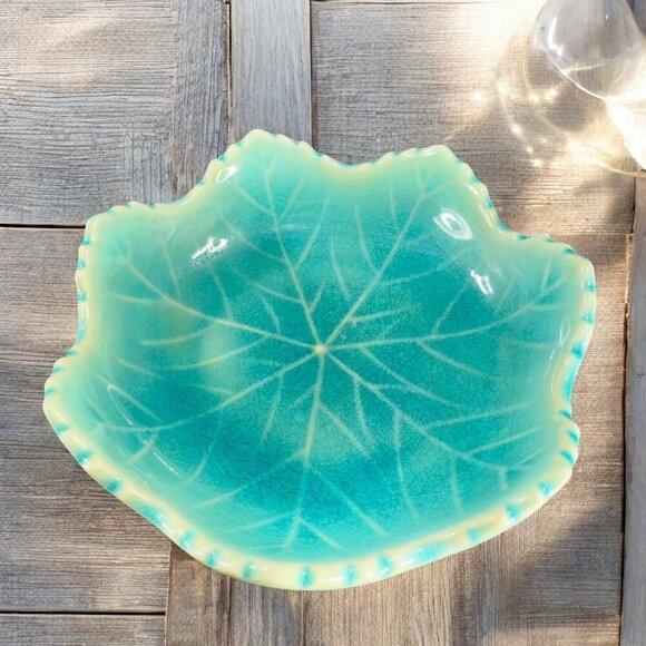 Ceramic Dish Other - Vintage Japanese Ceramic Leaf Dish Plate Turquoise Crackle Glaze Spoon Rest VTG